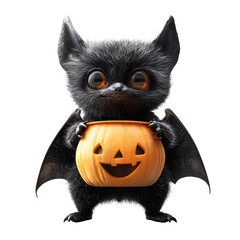 Obraz premium Halloween bat carrying pumpkin bucket, white isolated bg