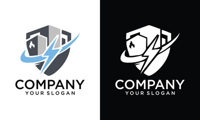 Creative vector of shield logo icons with house and electric lightning