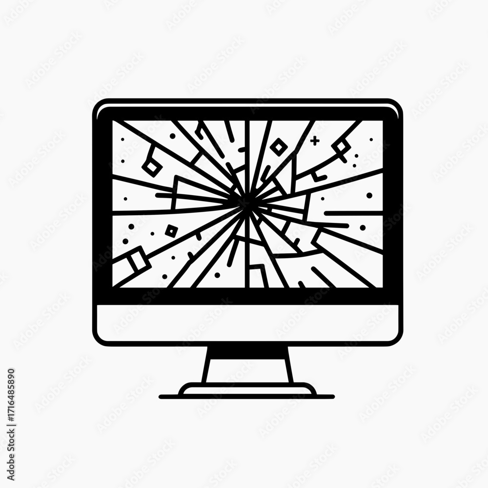 Aufkleber broken computer screen with graphical explosion effect in black and white