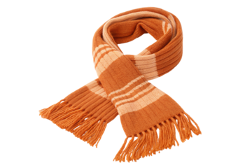 Orange and beige knitted scarf with fringe tassels for stylish winter wear and cozy warmth accessory