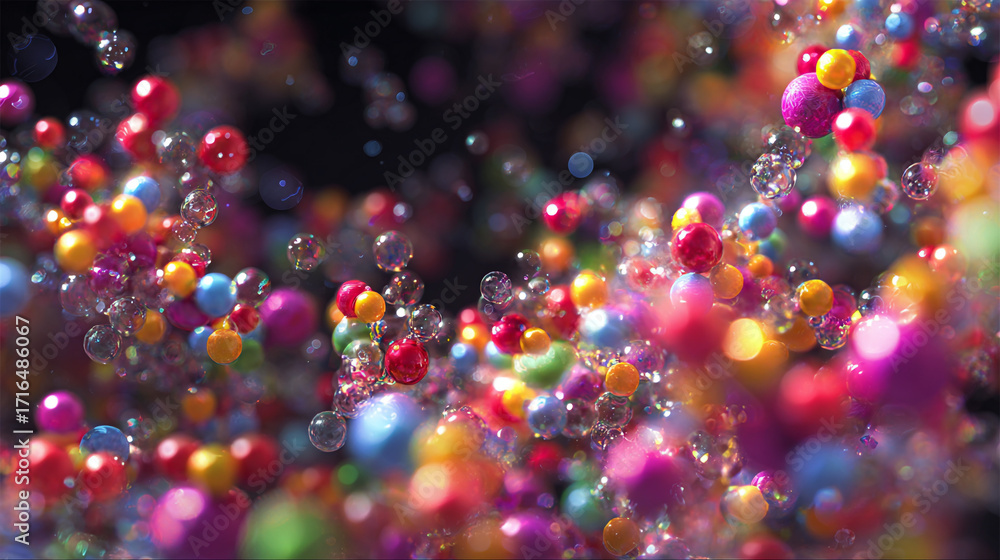 Poster colorful spheres and bubbles float in a dark space a vibrant abstract scene