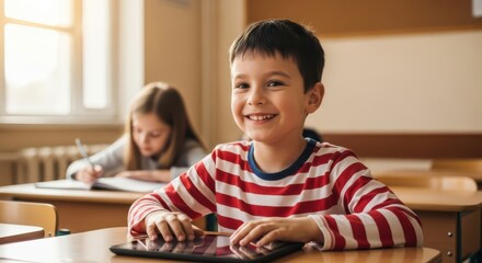 Young boy smiling in a classroom with a tablet