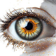 Halloween eyeball surrounded by sparkles, white isolated bg