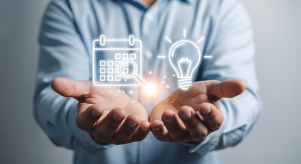 Man holding calendar and lightbulb icons representing planning and innovative ideas