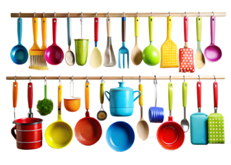 Extensive Collection of Colorful Kitchen Utensils on Two Wooden Shelves cooking tools isolated on a transparent background