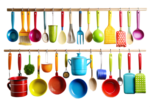 Extensive Collection of Colorful Kitchen Utensils on Two Wooden Shelves cooking tools isolated on a transparent background