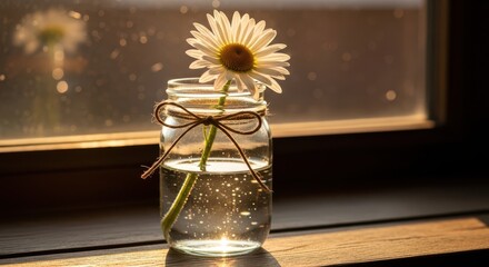 Single Daisy in a Jar by the Window with Sunlight Reflections