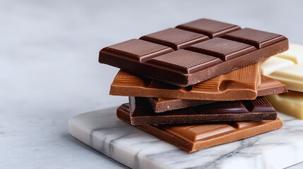 Delicious stacked artisanal chocolate bars with various flavors and textures in a studio setting