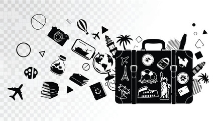 Vintage suitcase overflowing with iconic travel symbols and adventure imagery, ready for a journey.