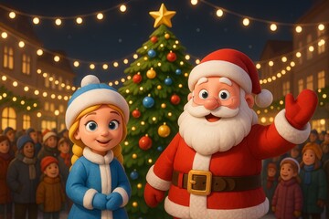 Cute santa claus and snegurochka in festive town square at night with decorated christmas tree. concept of holiday celebration, christmas magic, festive cheer