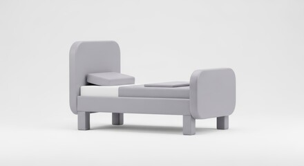 Modern 3d flat icon of a single bed with minimalist design and light gray upholstery