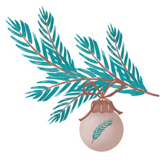 Decorative turquoise spruce branch with a beige Christmas ball. Winter design element, isolated, suitable for templates, paper, and print. Hand-drawn illustration.