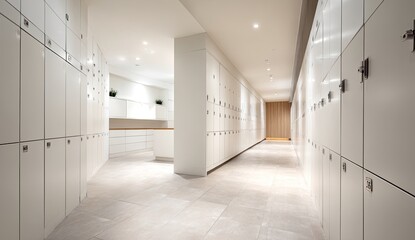 Fototapeta premium A bright, clean corridor lined with white lockers. A glimpse of a light-colored kitchen is visible