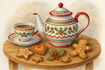 Watercolor christmas tea and cookies with holly decor on wooden table. concept of festive season, holiday treats, traditional celebration