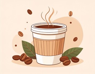 Vector illustration of a steaming coffee cup with coffee beans around it. Minimalist flat design with warm neutral colors (brown, beige, cream). Clean lines, simple geometric shapes, and aesthetic com
