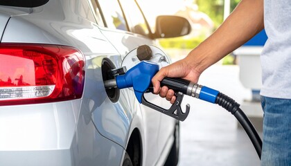 A person's hand holding a blue fuel pump nozzle while refueling a modern silver car at a gas station
