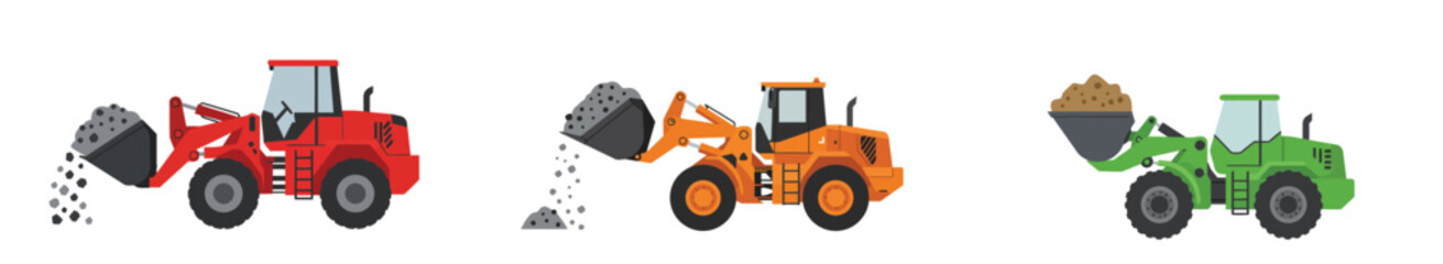 Colorful wheel loaders transporting gravel vector illustration isolated