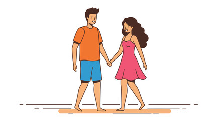 Stylized vector illustration of a couple walking together on a sandy beach