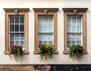 Three classic windows with flower boxes