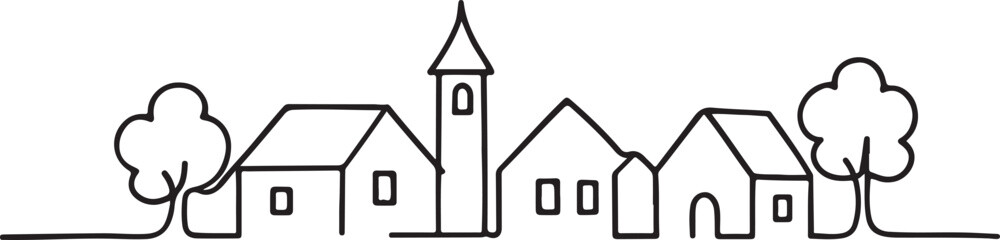 Simple line drawing of a village with houses and trees Keywords: village, town, houses, buildings, church