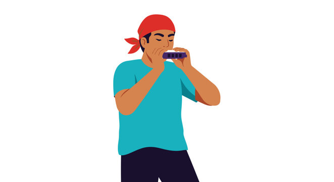 man playing harmonica, red bandana, blue shirt clip art preview