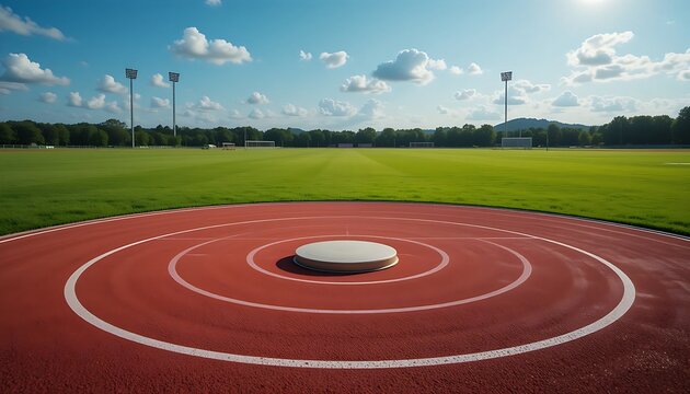 A lone, perfectly weighted discus rests on the freshly raked red track, the throwing circle a precise, geometric shape, with the expansive green field beyond under a vast, open sky.