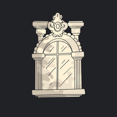 Vintage window with ornamental decor. Classical architecture. Vector illustration isolated on black background. Hand drawn.