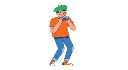 Cartoon illustration of a joyful harmonica street musician performer