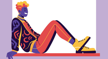 Stylized person on windowsill conveying introspection and relaxed pose