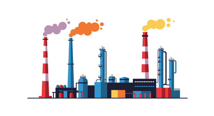 Obraz premium Stylized vector illustration of a vibrant refinery emitting colorful smoke