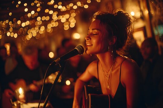 Acoustic jazz performance with glowing background lights high resolution picture