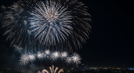 Spectacular fireworks illuminate the night sky, celebrating a special occasion with vibrant bursts of light.