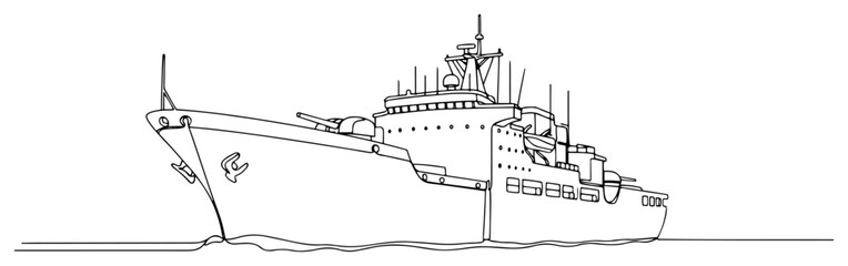 Fototapeta premium Military Naval Warship at Sea Line Art