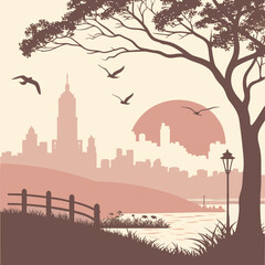 vector illustration of a city | Silhouetted Cityscape with Flying Birds | Urban Serenity: Sunset over a City Skyline
