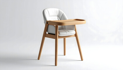 Fototapeta premium A modern wooden high chair with a white cushioned seat and tray, set against a plain white background.