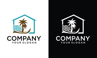 Creative House Home Coast Beach Island Palm Tree Summer Holiday Vacation Vector Logo Design Illustration