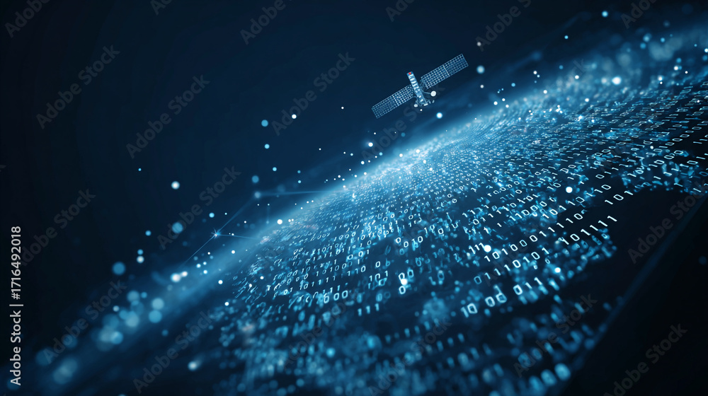 Aufkleber satellite orbiting digital data stream showing binary code and glowing particles