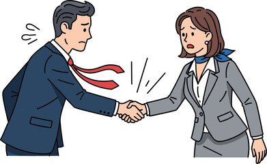 Business handshake, formal meeting, corporate agreement, professional negotiation, tense discussion, partnership deal, businesswoman, businessman, diplomacy,