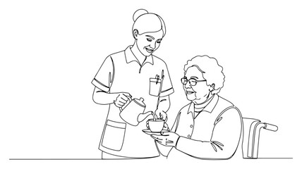 Caregiver Serving Tea to Elderly Woman Line Art