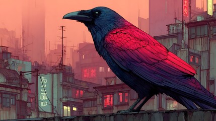 Futuristic raven glowing in neon city high resolution picture