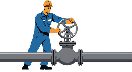 Fototapeta premium Stylized illustration of a worker turning valve on an oil pipeline system