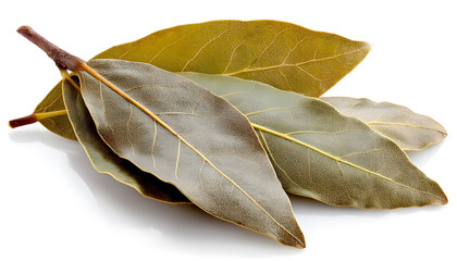 Dried bay leaves isolated on white background, side view