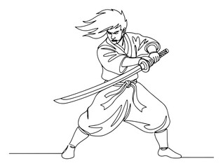 Samurai Warrior With Katana in Battle Stance black shape vector laser cutting engraving monochrome print