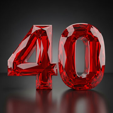 Ruby anniversary number 40. Luxurious 3D render for a 40th birthday celebration or forty percent discount. Red diamond or gemstone digits on a dark background with reflection. Precious milestone