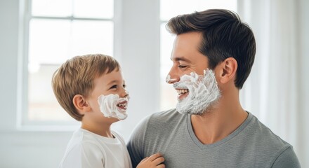 Father and Son Share A Laugh With Shaving Cream Faces