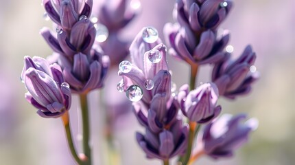 Macro Close-Up of Dew on Lavender Petals, Ultra Realistic 8K Floral Background with Copy Space