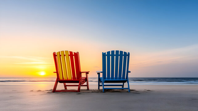 Pair of beach loungers on the deserted beach at sunset - Powered by Adobe