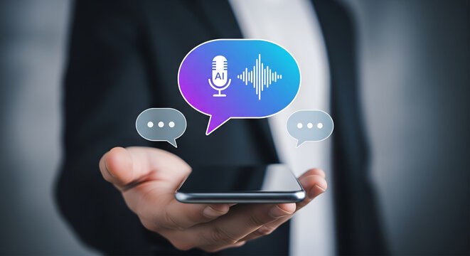 Person holding smartphone displaying voice assistant and speech bubble icons for communication - Powered by Adobe