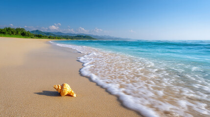 vast pristine beach with golden sands stretches along coastline adorned by solitary seashell