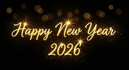 Celebrate a sparkling Happy New Year 2026 with golden wishes for success and joy on a festive black background